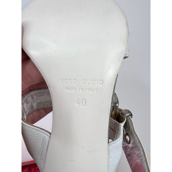 Romanelli Collezioni Size 9.5 Strap White Sandal w/Silver Heel Rhinestone Buckle - Picture 8 of 12